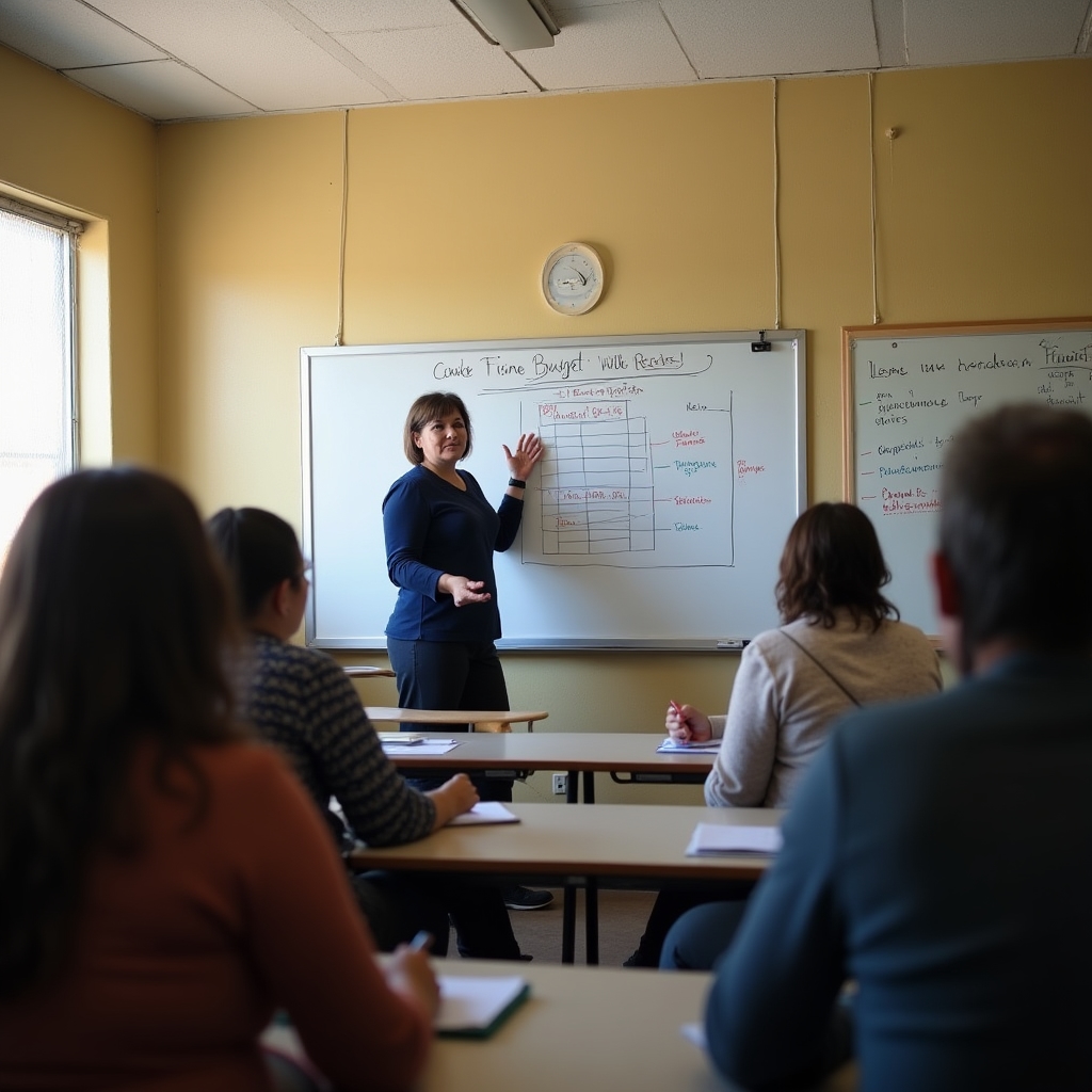 Financial educator presenting to a classroom of working adults in Mexico